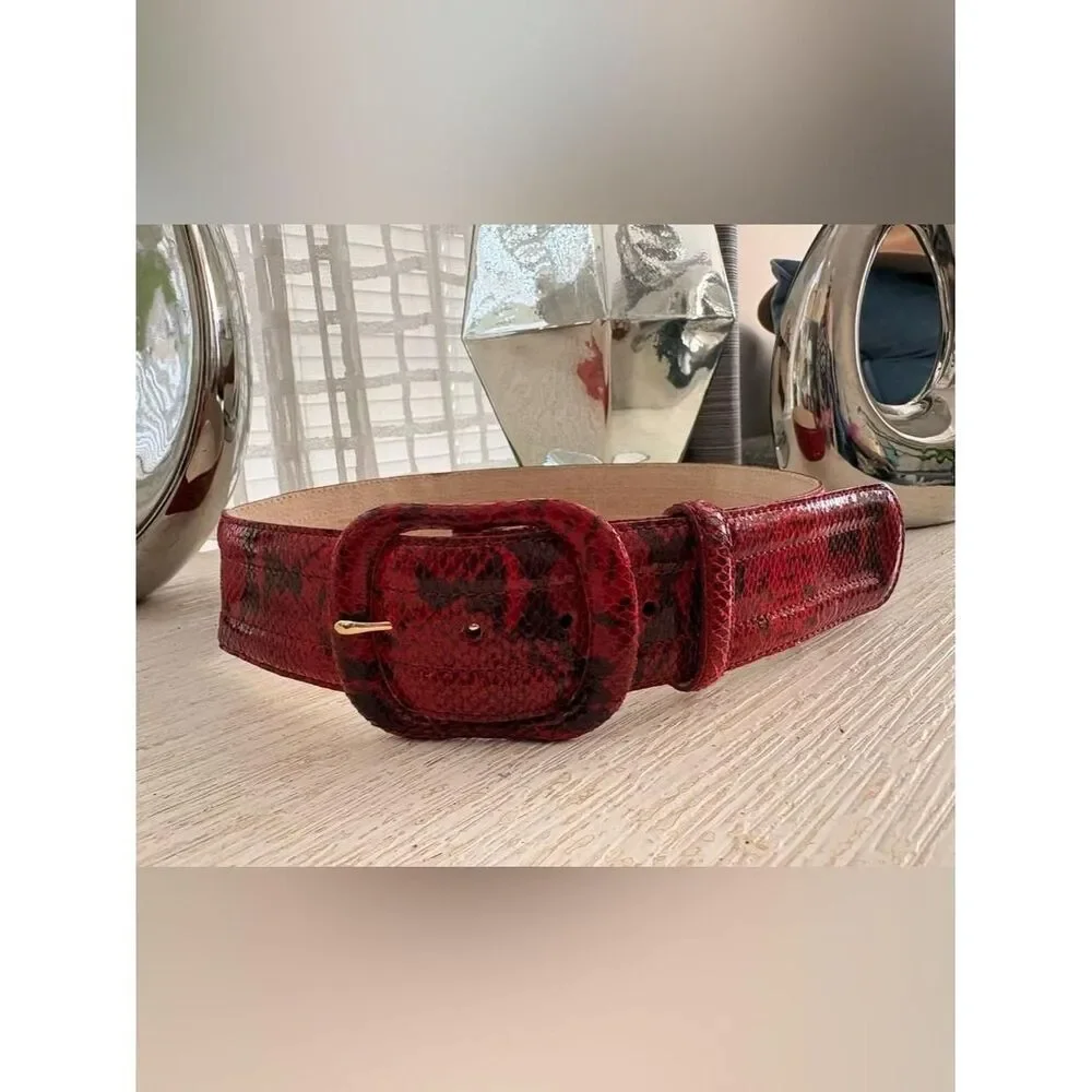 VTG Liz Claiborne Red Black Snakeskin Leather Wide Belt Size M